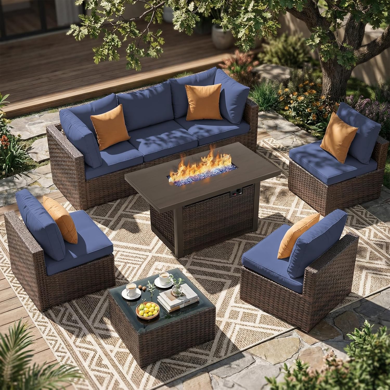 Outdoor Furniture Fire Pit - 8点セットのパティオ家具、屋外用セクショナルソファ、44インチのプロパンガス式ラタン製ファイヤーピットテーブル付き、パティオセクショナル、カスタマイズ可能