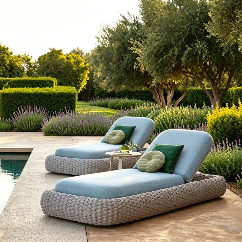 Outdoor Furniture Quick Dry - カスタムサンラウンジャー、手編みロープアルミフレーム、速乾クッション付き、リゾートヴィラプールサイドプロジェクト向け、OEM対応