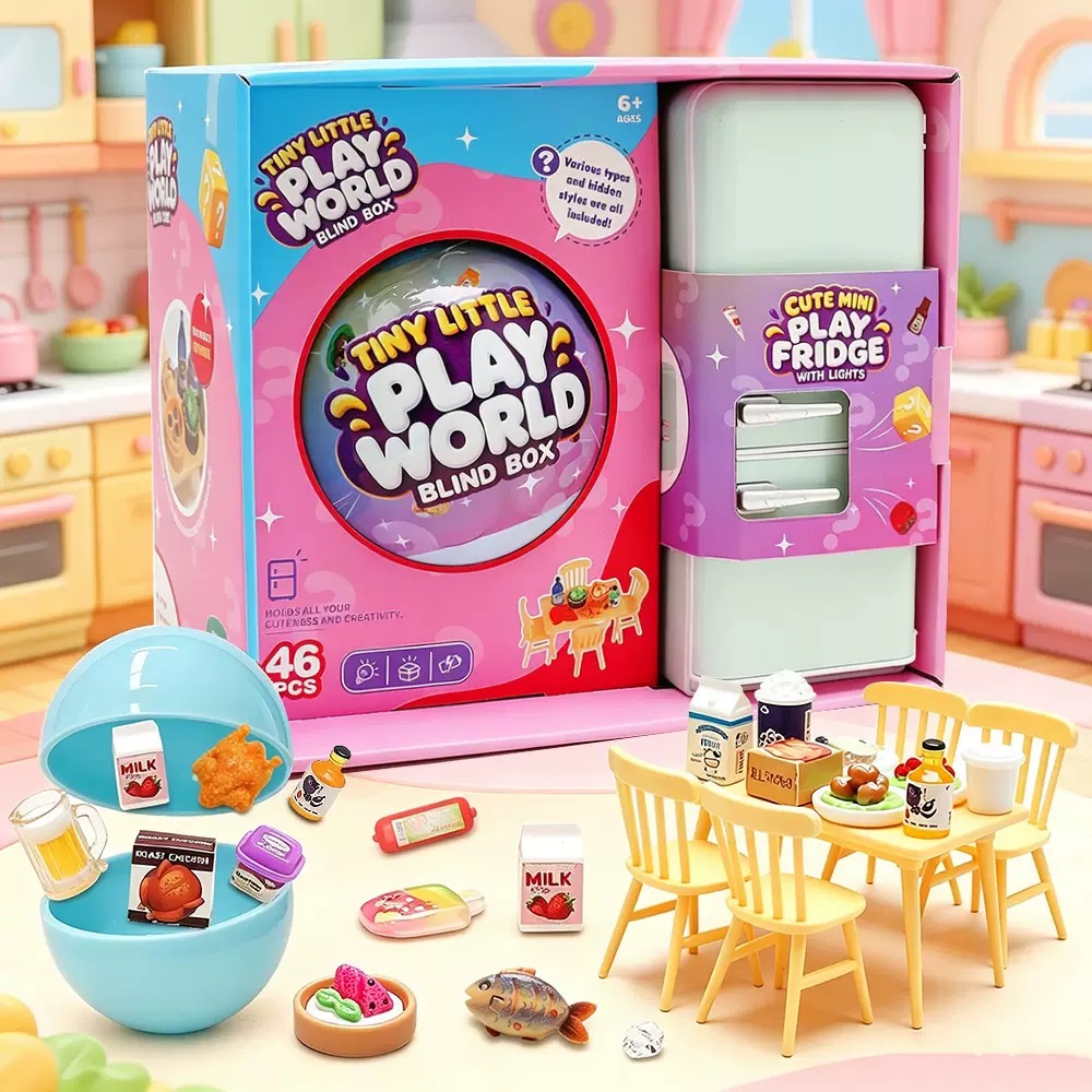 Bistro Table Set - 4色ミニ冷蔵庫ブラインドボックストイセット | ランダムなミニフードモデル、マイクロテーブルチェアごっこ遊び、クリエイティブなカプセルサプライズボール