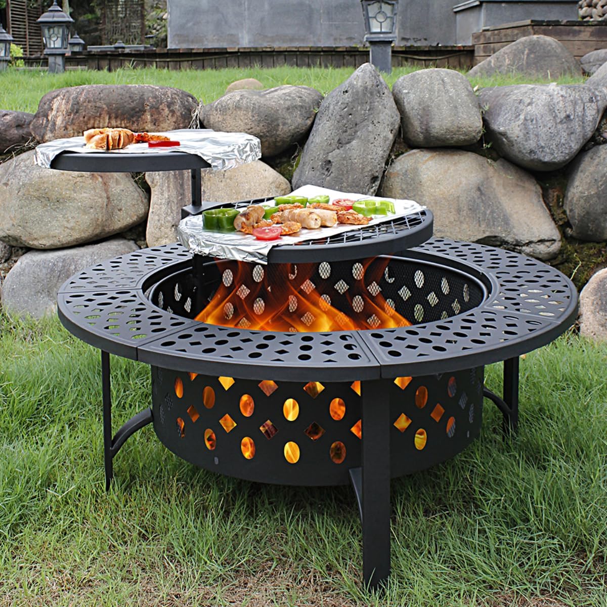 Outdoor Furniture Fire Pit - 特大木製焚き火台テーブル、回転式BBQグリル付き、屋外用頑丈スチール製焚き火台、スパークスクリーン蓋と焚き火棒付き、庭、パティオ、ピクニックパーティー用、黒
