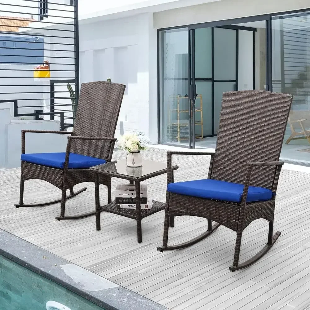 Bistro Table Set - 屋外用PEウィッカーロッキングチェア3点パティオラタンビストロセット、ロッカーアームチェア2脚とガラス製コーヒーサイドテーブル家具、洗えるLサイズ