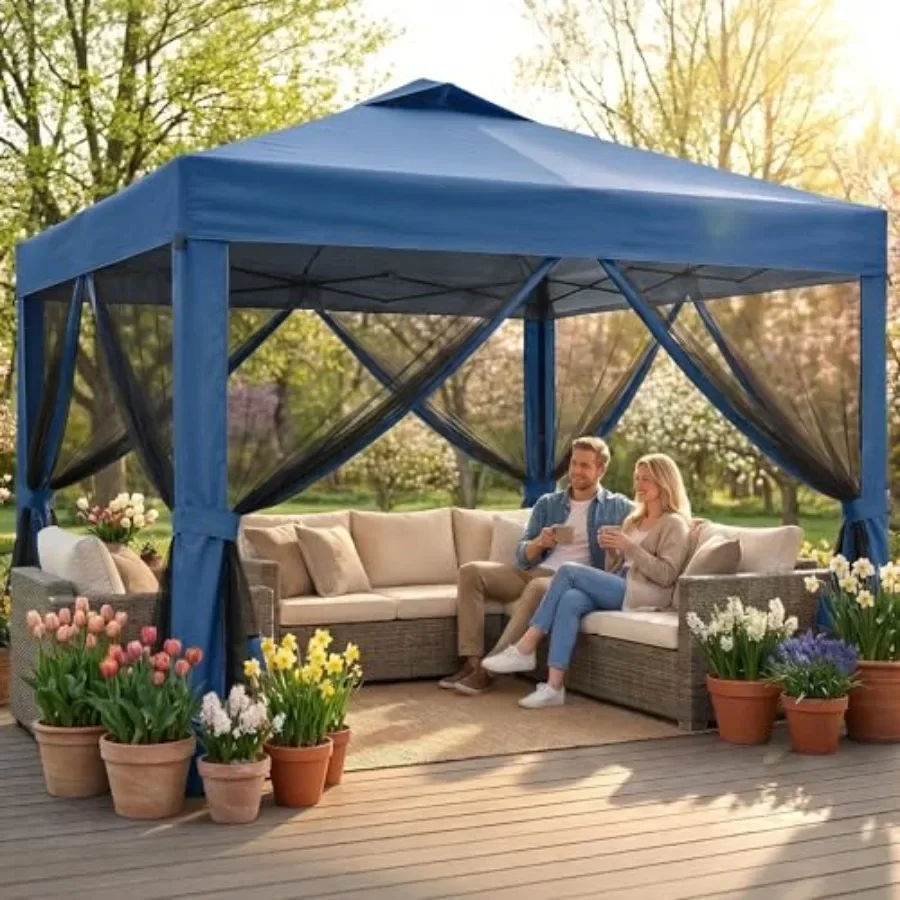 Gazebo Pop Up - 10x10 ポップアップテント（ネット付き）、屋外用ポータブル折りたたみ式ガゼボ、ロープ4本、土嚢4個、ホイール付き収納バッグ、3段階高さ調整可能