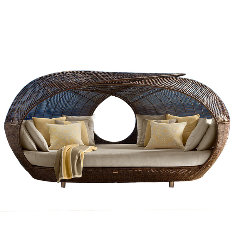Outdoor Furniture In Sale - 屋外用高品質ラタン製ハーフラウンドデイベッド、柔らかいクッション付きウィッカーパティオ家具デイベッド/ガーデンサンベッド