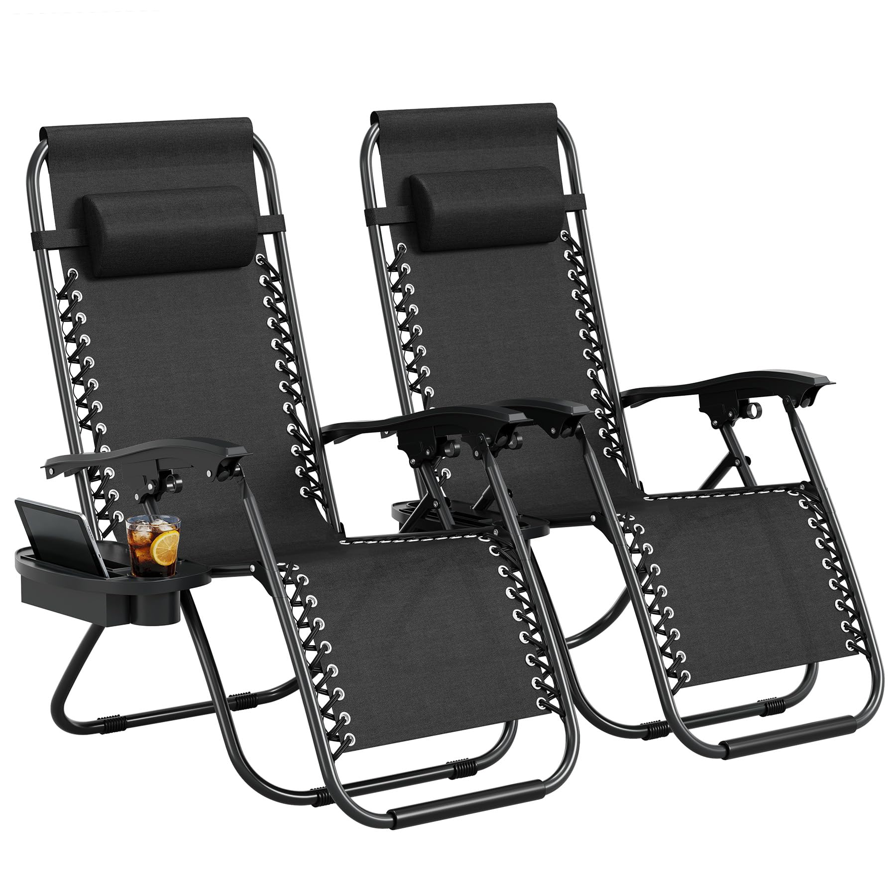 Outdoor Furniture Quick Dry - ゼロウェイトパティオラウンジリクライニングチェア2脚セット – 調節可能な折りたたみ式屋外リクライニングチェア、枕、カップホルダートレイ、人間工学に基づいた頑丈なスチールフレーム付き – デッキ、芝生、庭、ビーチ、裏庭用の通気性のある速乾性テキスタイル素材