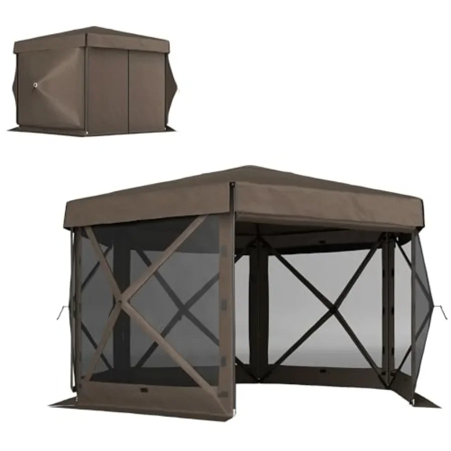 Gazebo Pop Up - 12フィート×12フィートの六角形ポップアップガゼボテント、5つの側面壁付き、防水ポータブル屋外シェルター（ベージュ）、カーテンとキャリーバッグ付き