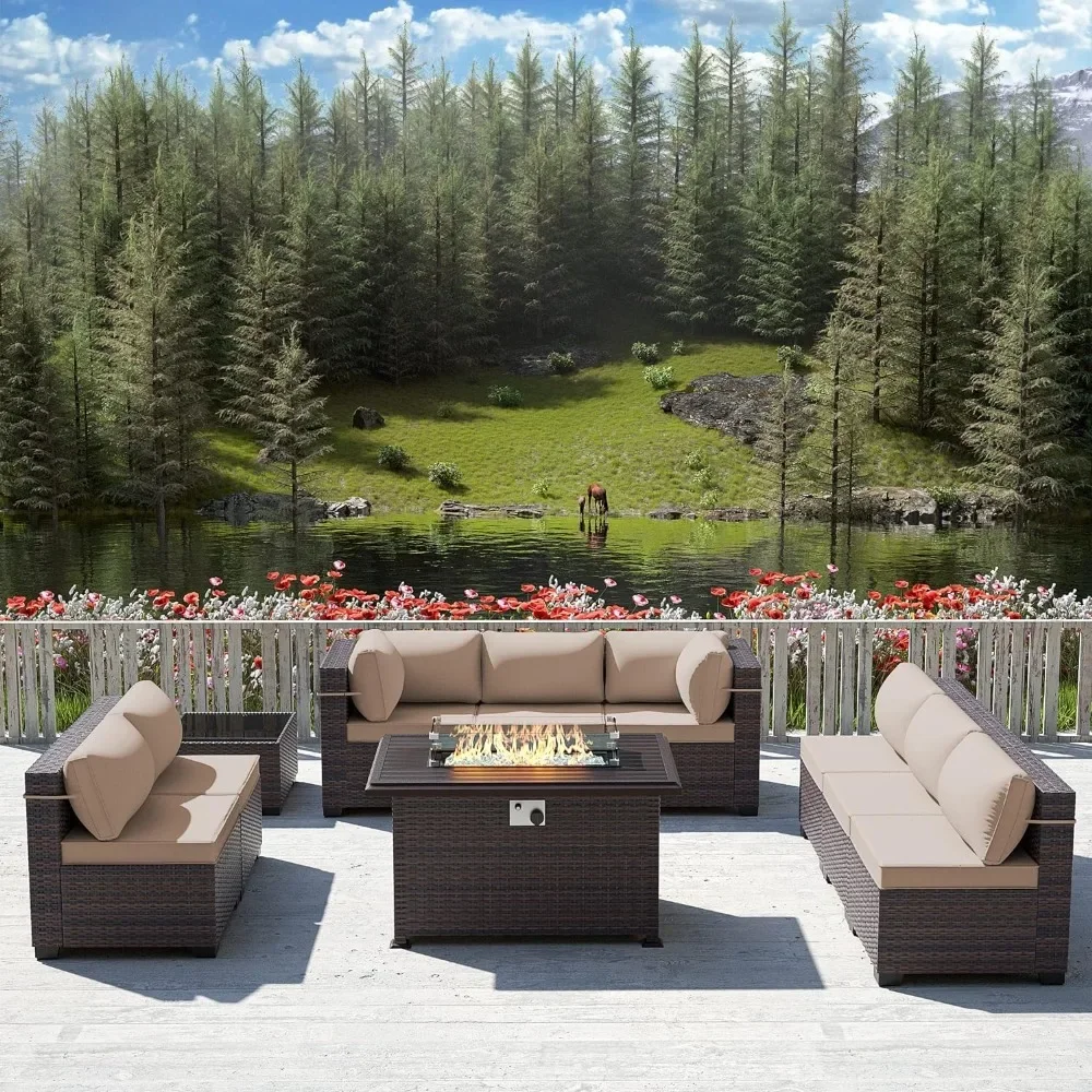 Outdoor Furniture Fire Pit - -プロパンファイヤーピットテーブル付きパティオ家具セット、10ピース屋外家具パティオセクショナルソファ会話セット、コーヒーテーブル付き