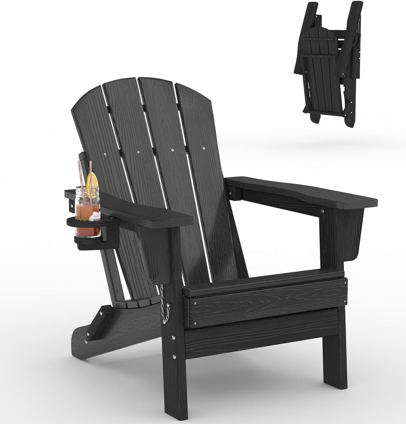 Outdoor Furniture Fire Pit - 折りたたみ式アディロンダックチェア HDPEプラスチック製屋外パティオチェア 耐候性芝生用チェア カップホルダー付き 本物の木のような外観 ファイヤーピット