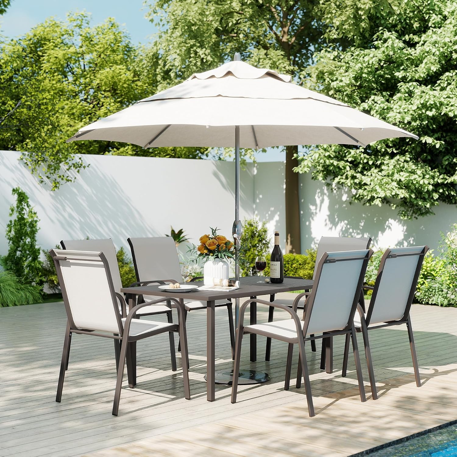 Outdoor Furniture Quick Dry - 屋外パティオダイニングセット、速乾性テキスタイルダイニングチェア6脚と傘立て付きダイニングテーブル、積み重ね可能、カスタマイズ可能