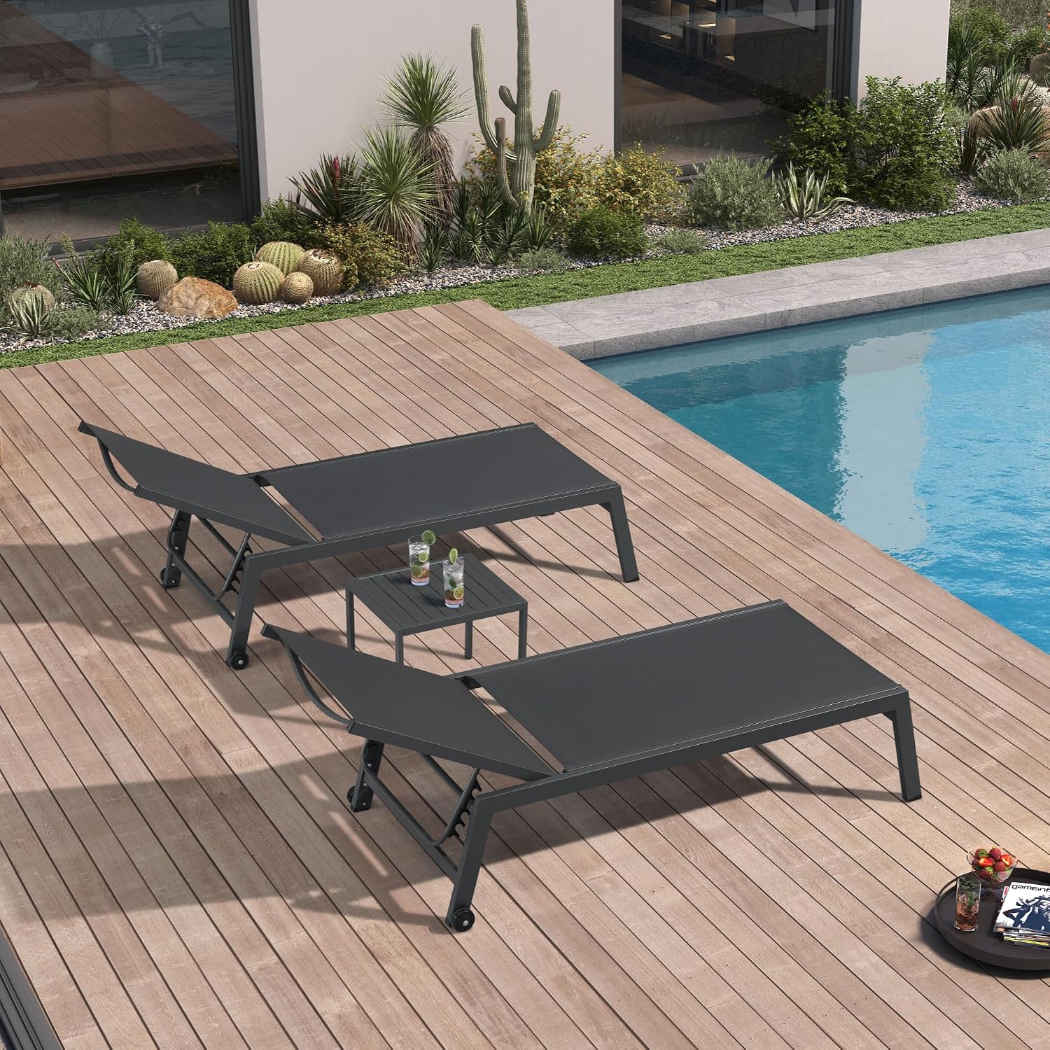 Outdoor Furniture Quick Dry - ワイドパティオラウンジチェア2脚セット、サイドテーブル付き、グレー、5段階リクライニング、速乾性テキスタイル、防錆アルミニウム、2輪、カスタマイズ可能