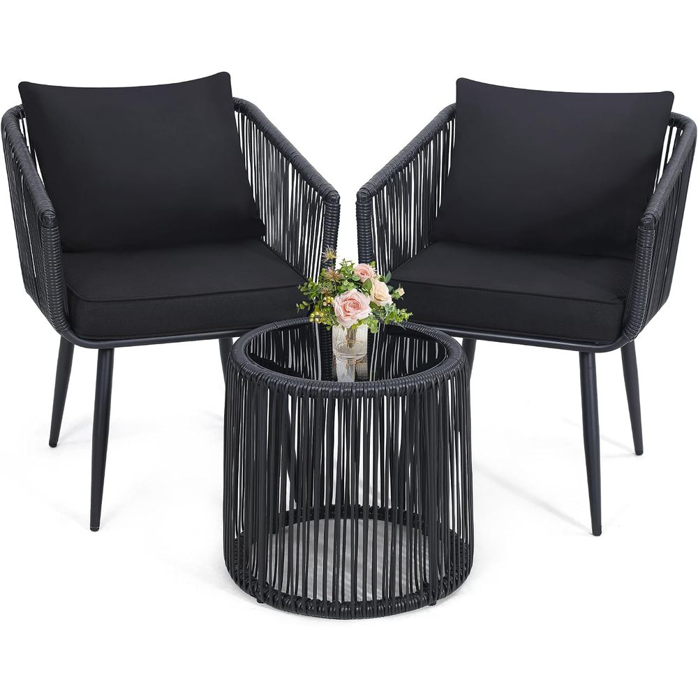 Bistro Table Set - 3ピースパティオラタンビストロコンティオンセット、ブラック | 屋外用全天候型籐製家具椅子とサイドテーブルセット、バルコニーに最適
