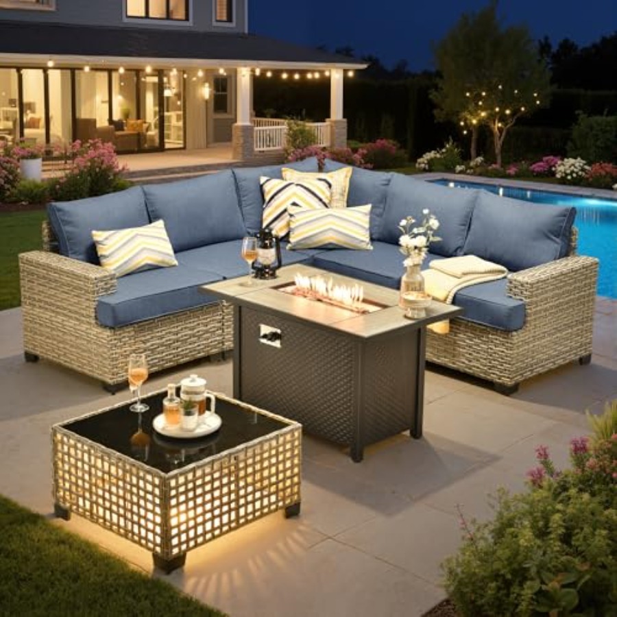 Outdoor Furniture Fire Pit - 屋外用セクショナルパティオ家具セット（ファイヤーピット付き）、ラタン製会話用セット、光るコーヒーテーブル付き屋外用L字型家具
