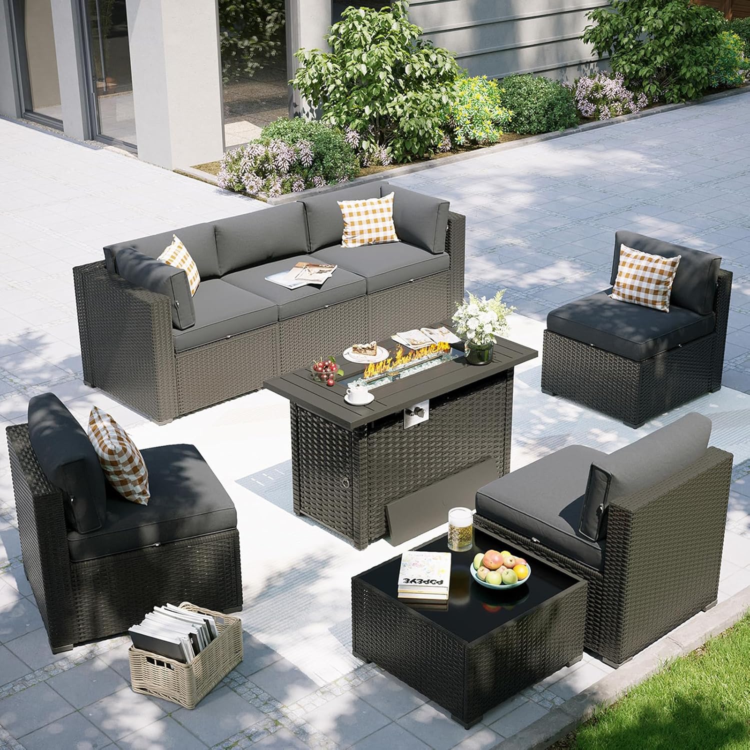Outdoor Furniture Fire Pit - ファイヤーピットテーブル付きパティオ家具セット、8ピース屋外セクショナルソファ、カスタマイズ可能な籐製ラタン屋外家具