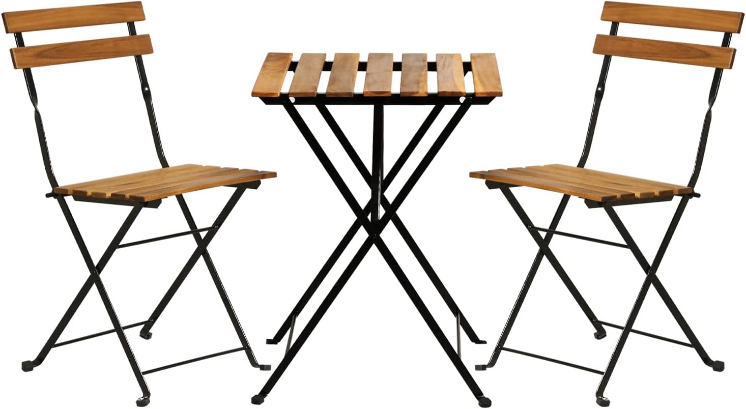 Outdoor Furniture Patio - 天然木製3ピース折りたたみ式パティオビストロセット（テーブル1台と折りたたみ式椅子2脚）、アパート、芝生、バルコニー、裏庭での日常の休息に最適な省スペース小型屋外家具