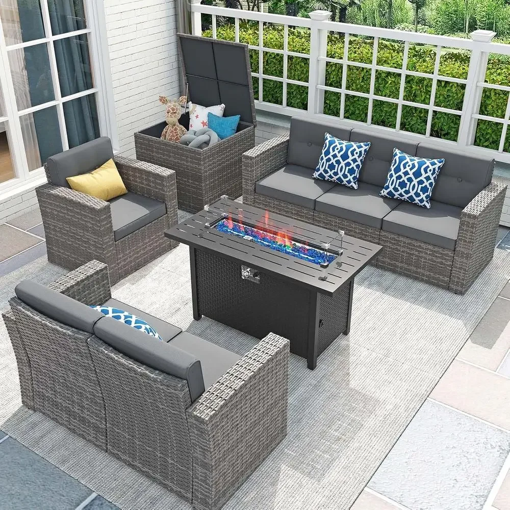 Outdoor Furniture Fire Pit - 8点セットのパティオ家具、45インチのファイヤーピットテーブル、50,000 BTUガスファイヤーピット付き屋外用座席、ラタン製セクショナルソファセット