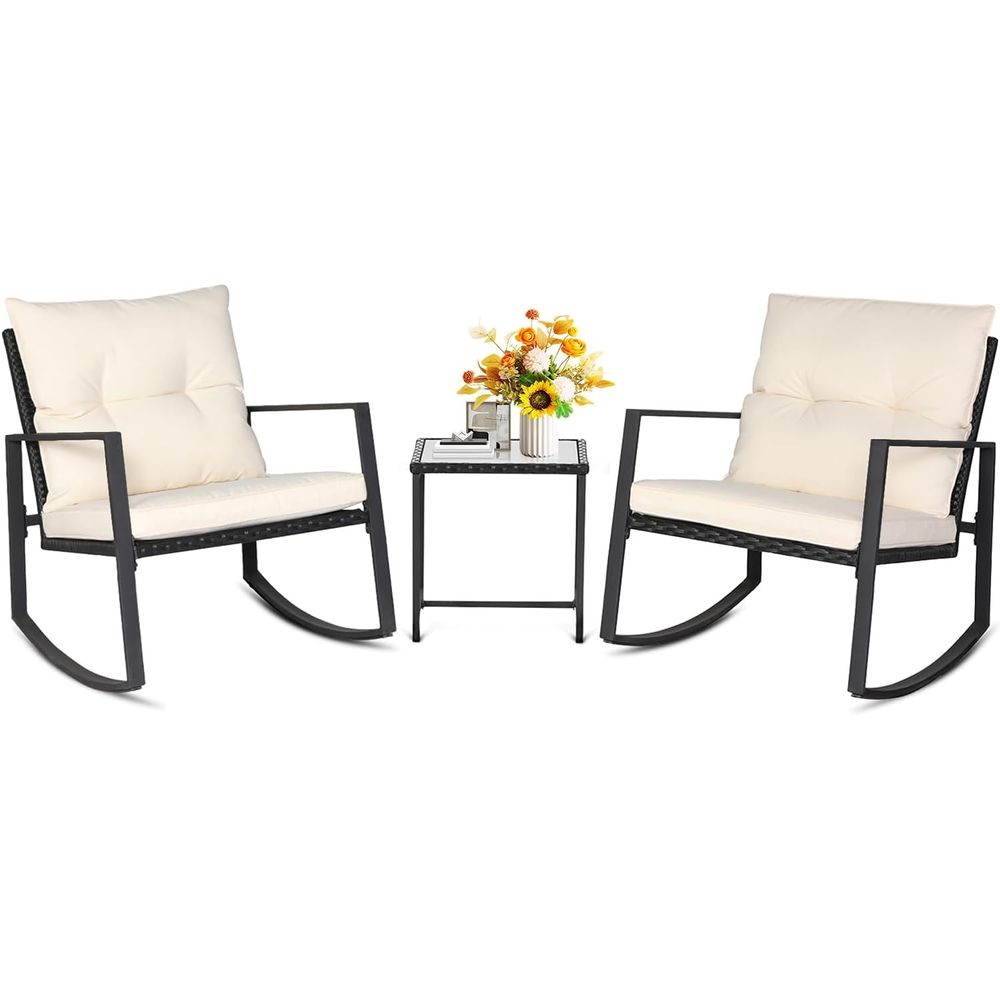 Bistro Table Set - 3ピースアウトドアロッキングビストロセット ブラックウィッカー家具 ポーチチェアコンテナセット ガラスコーヒーテーブル付き ベージュ