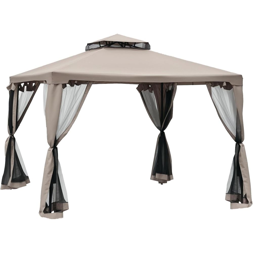 Outdoor Furniture Patio - 9.6フィート x 9.6フィートのパティオガゼボ、2層屋根とネット付き屋外シェルター、スチール製、庭、芝生、裏庭、デッキ用、トープ色