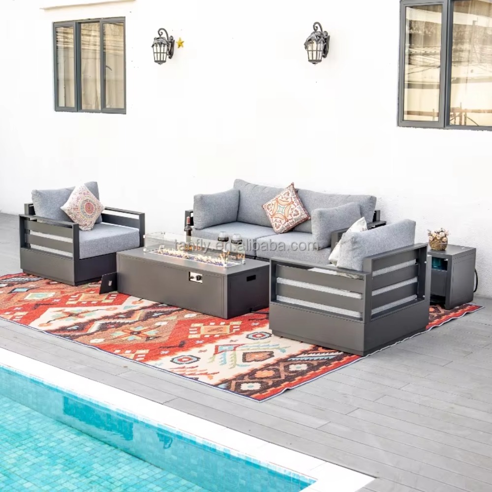 Outdoor Furniture Fire Pit - ヴィラホテル屋外家具セット モダンアルミガーデン家具 ソファセット ファイヤーピットテーブル付き