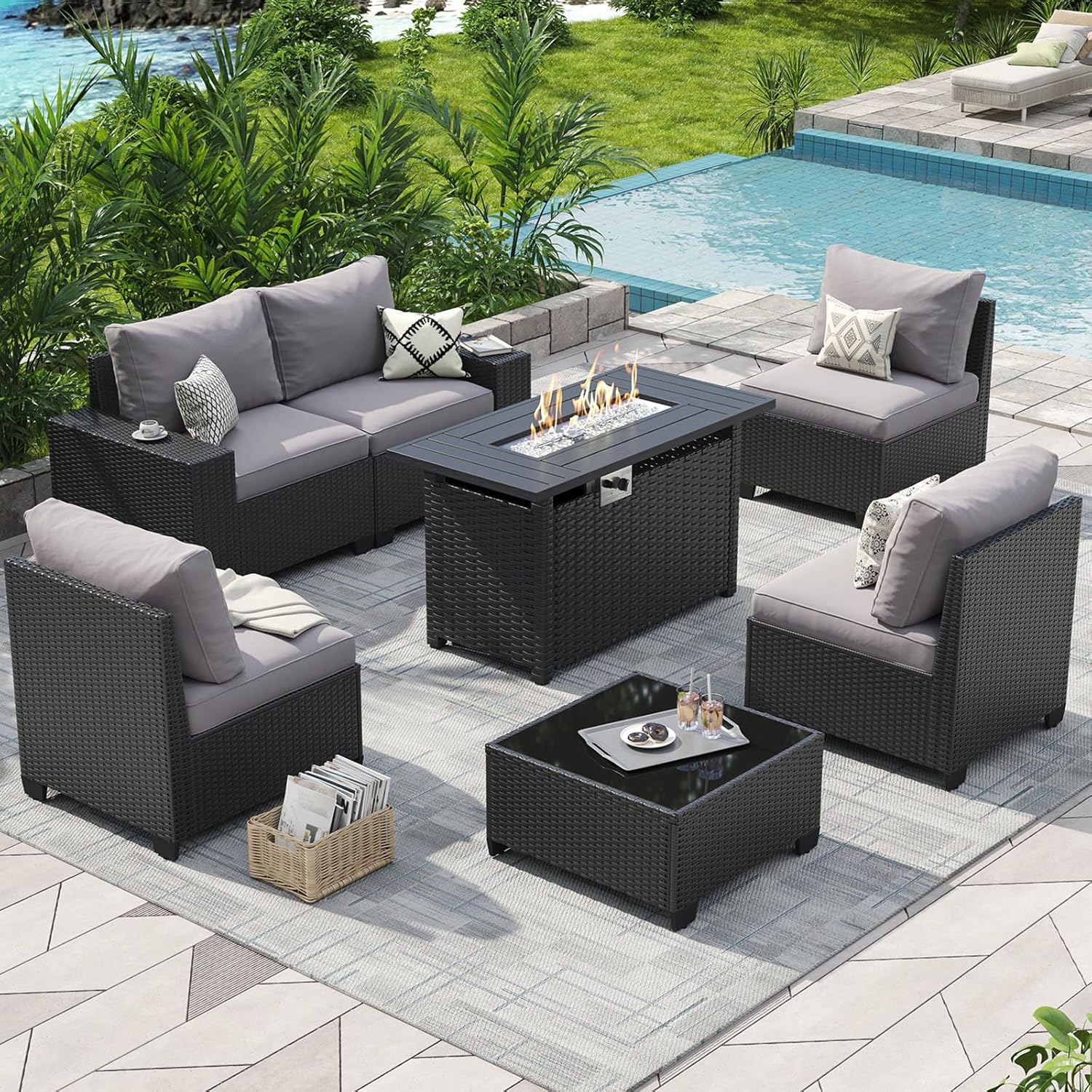 Outdoor Furniture Fire Pit - 屋外パティオ家具セット、44インチファイヤーピットテーブル付き、7ピース屋外セクショナルセット、4インチ厚クッション付き、幅広、カスタマイズ可能