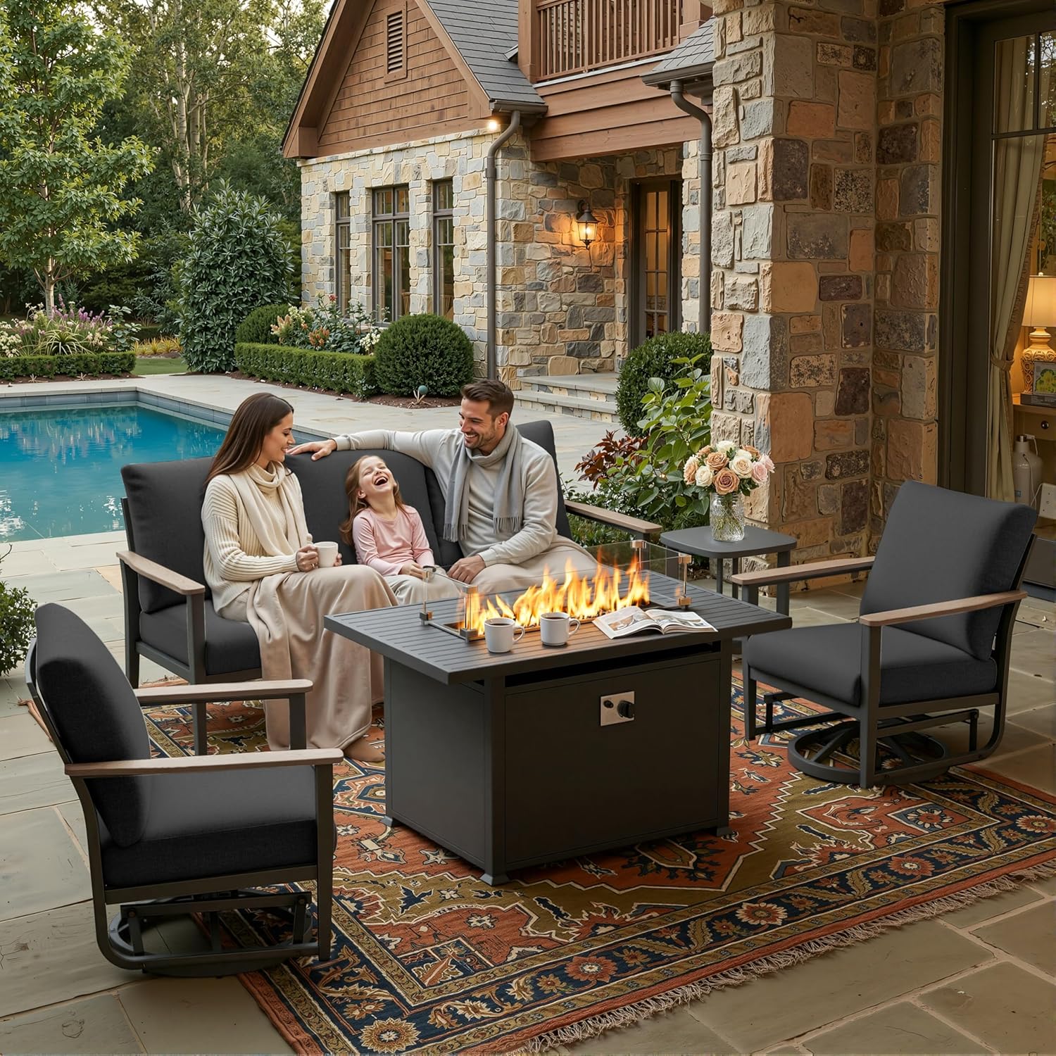 Outdoor Furniture Fire Pit - 5個入りアルミ製パティオセット回転式ロッカー、5インチクッション、55000BTUプロパン焚き火台、裏庭バルコニー用、カスタマイズ可能