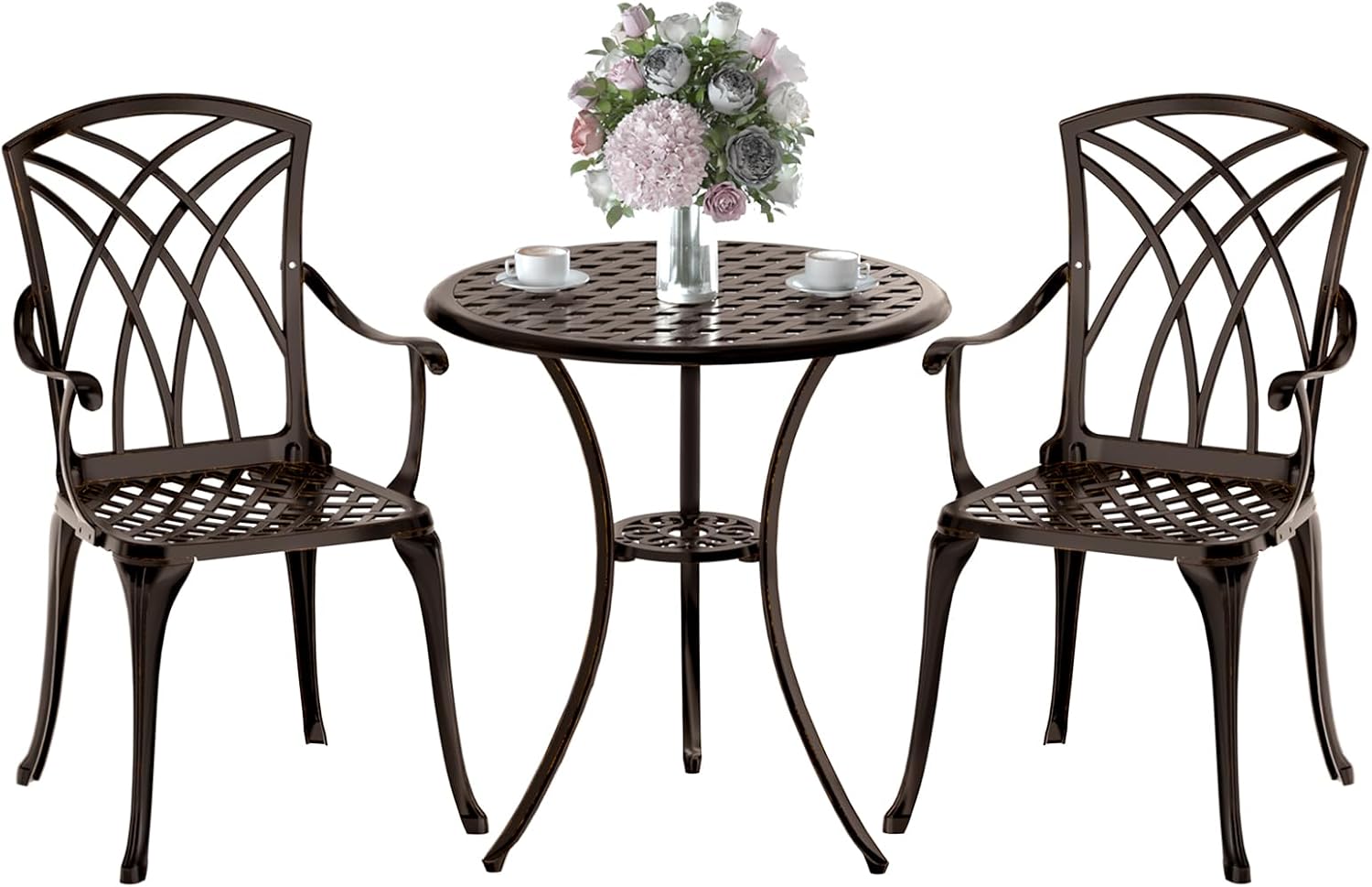 Bistro Table Set - ブロンズ鋳造アルミニウム製3ピース防錆ビストロセット（2人用）、中央に傘穴のある丸テーブル、安定した金属製家具（バルコニー、裏庭、庭園用）