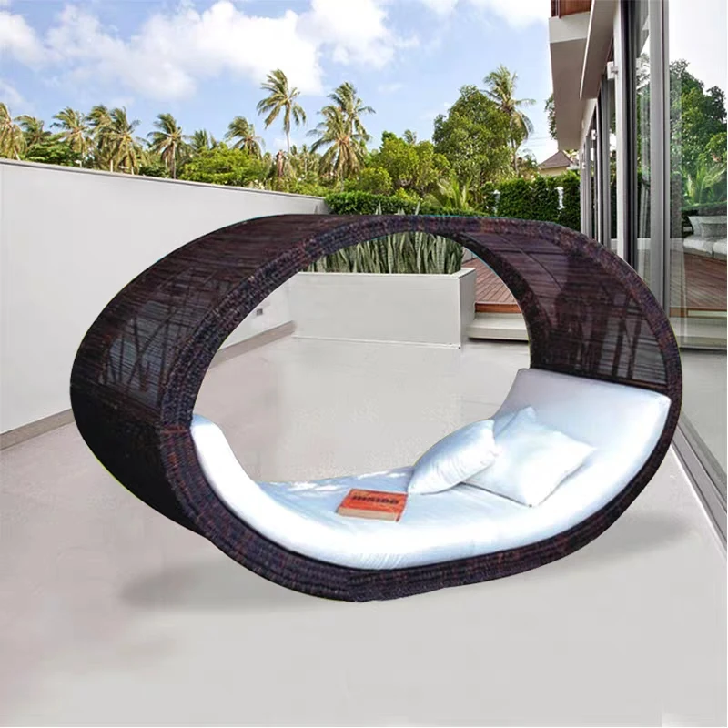 Outdoor Furniture Thailand - バリ島、タイのホテルのプール、ビーチ、屋外用の籐製家具、丸型サンベッド、全天候型デイベッドキャノピー家具
