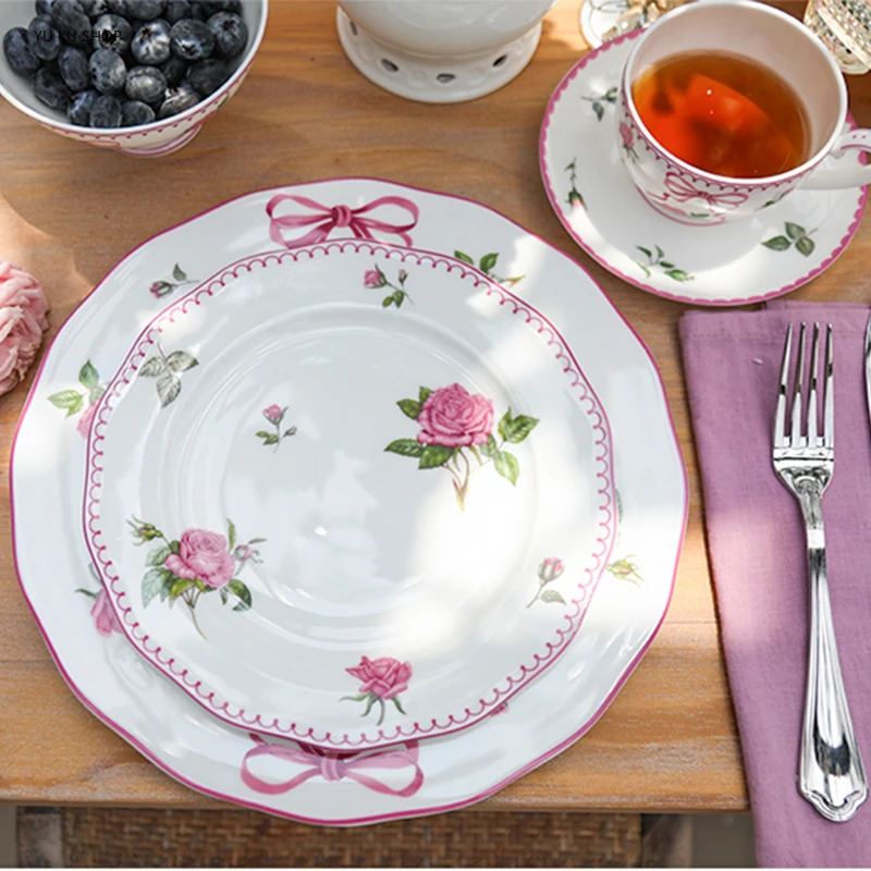 Bistro Table Set - フレンチローズセラミックカトラリー,ボーンチャイナカップ,サラダプレートオールボウル,デザート料理,キッチン食器,ダイニングテーブルセット