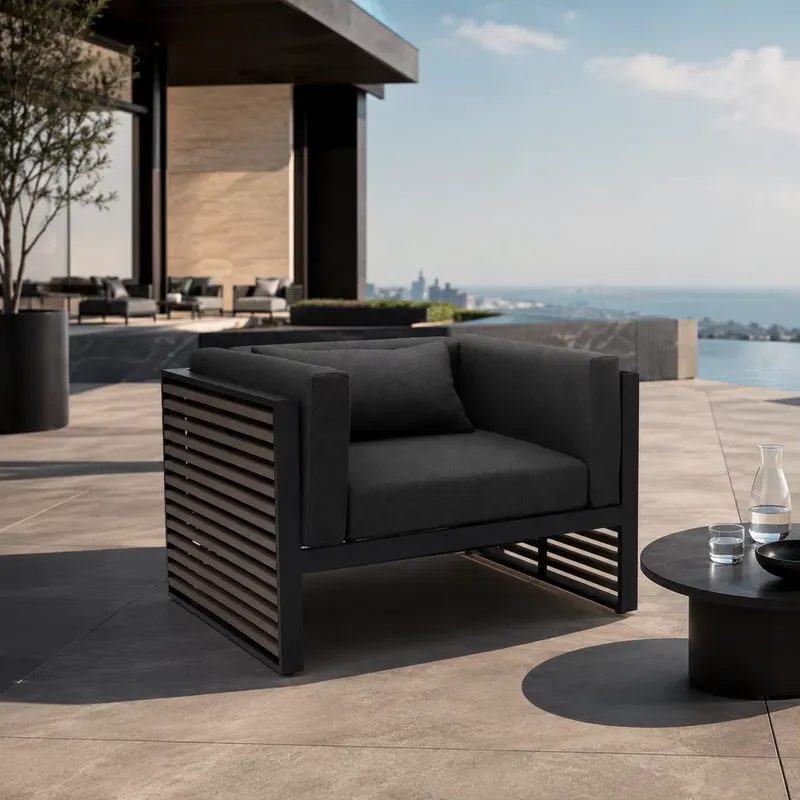Outdoor Furniture Quick Dry - 屋外防水アルミ製シングルソファ、建築用ラウンジソファ、速乾クッション、ホテルリゾートプールサイド屋外家具