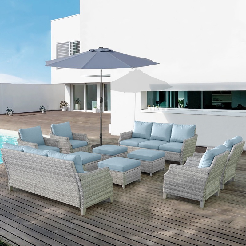 Outdoor Furniture Quick Dry - モダンなPEラタン製屋外ソファセット ブルー 3人掛け フットスツール付き UV耐性 速乾性