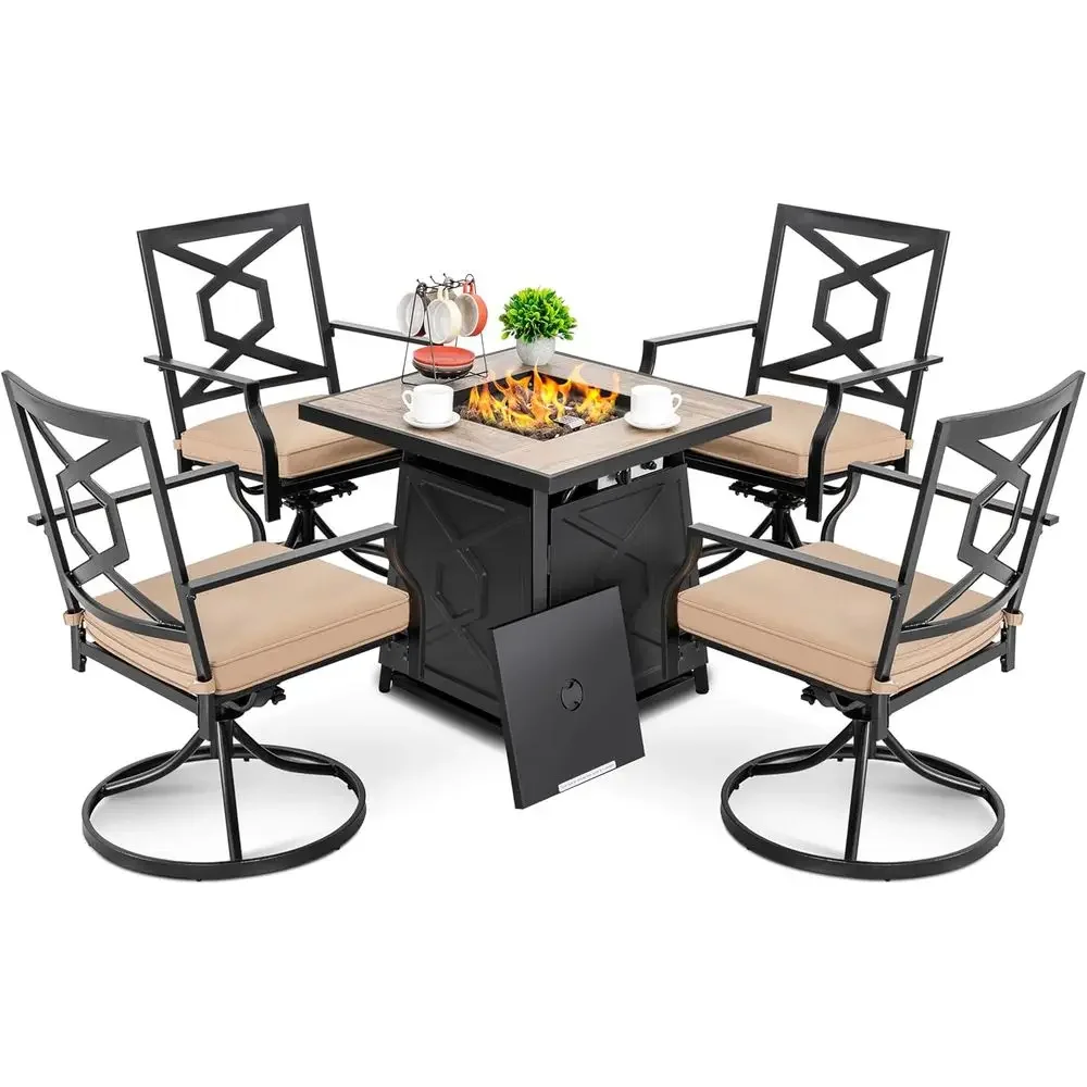 Outdoor Furniture Fire Pit - 5点セットの屋外パティオ家具セット、ファイヤーピットテーブル、28プロパンガスファイヤーピット、カバー、クッション付き回転式ダイニングチェア4脚、B