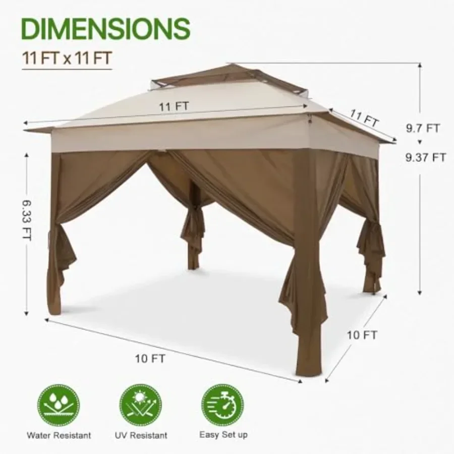 11x11 ポップアップガゼボ、4つの側面壁付き、UPF 5 - Gazebo Pop Up のレビューと価格