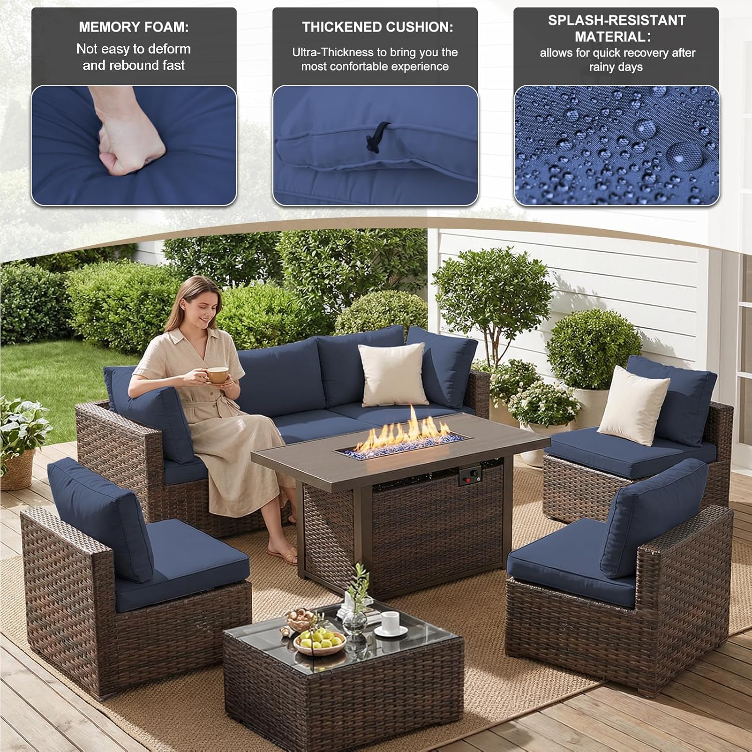8点セットのパティオ家具、屋外用セクショナルソファ、44イン - Outdoor Furniture Fire Pit のレビューと価格