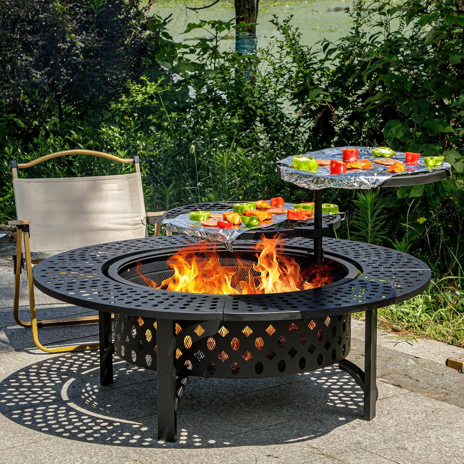 特大木製焚き火台テーブル、回転式BBQグリル付き、屋外用頑丈 - Outdoor Furniture Fire Pit のレビューと価格