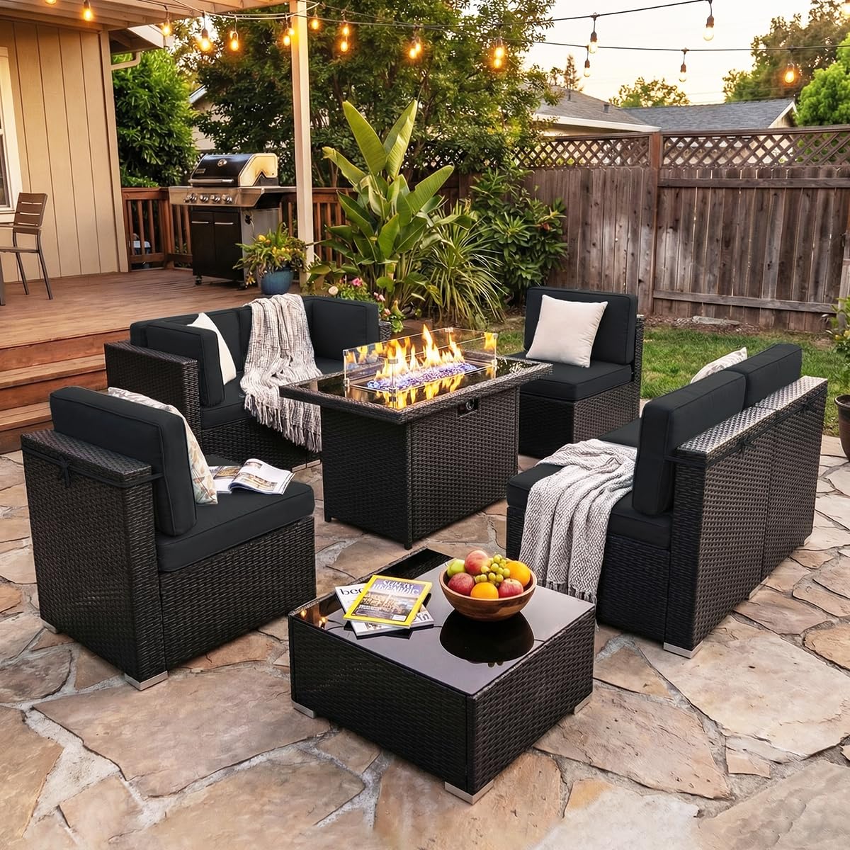 8点セットのパティオ家具、44インチのプロパンガス焚き火台付 - Outdoor Furniture Fire Pit のレビューと価格