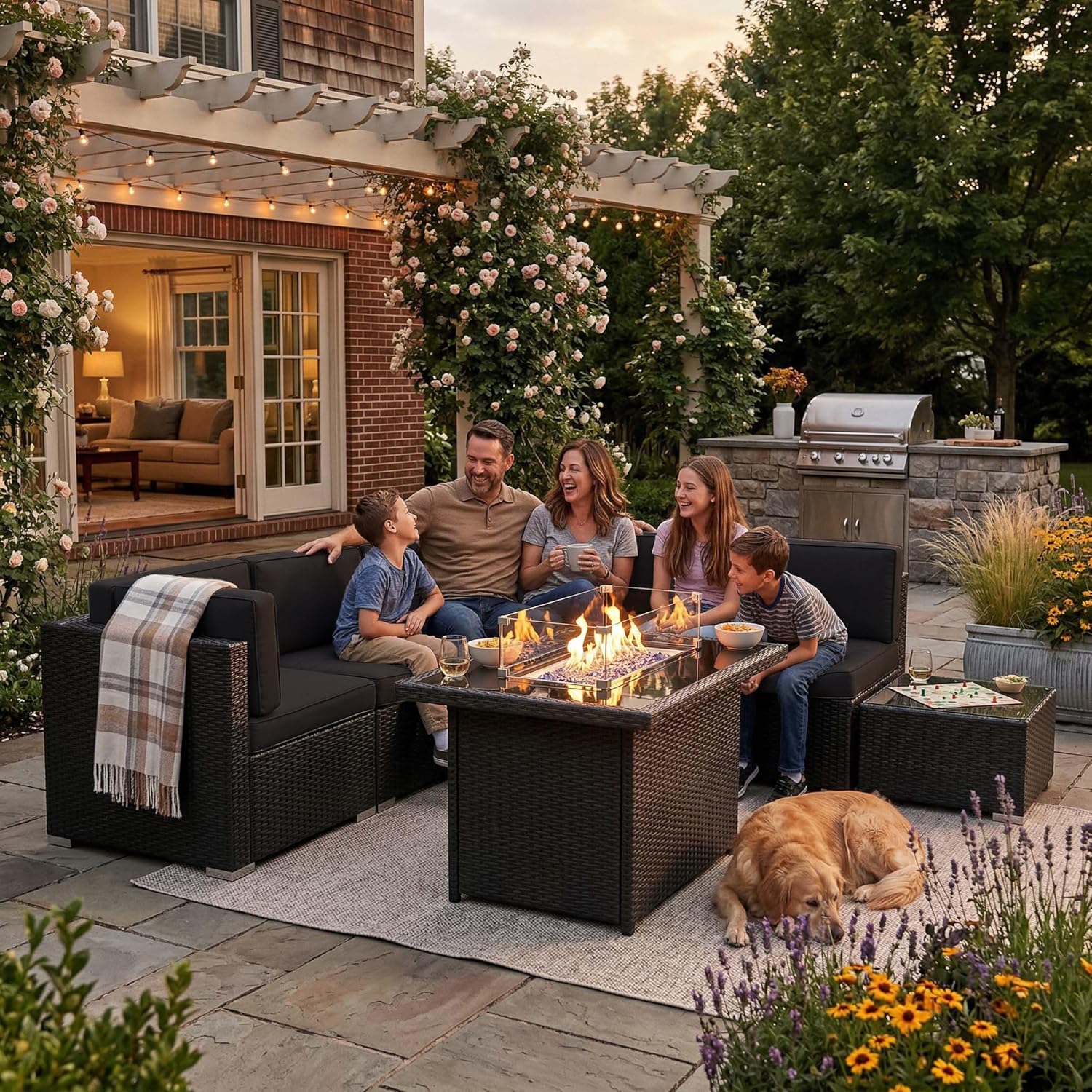 8点セットのパティオ家具、44インチのプロパンガス焚き火台付 - Outdoor Furniture Fire Pit のレビューと価格