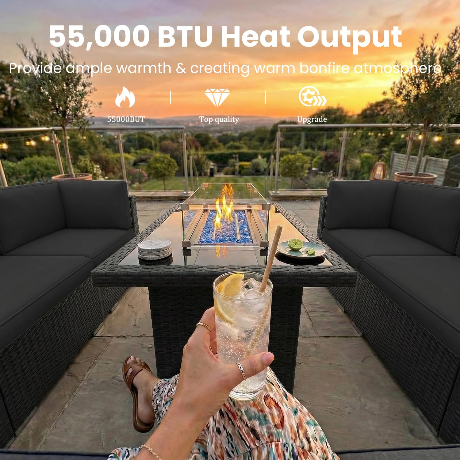 8点セットのパティオ家具、44インチのプロパンガス焚き火台付 - Outdoor Furniture Fire Pit のレビューと価格