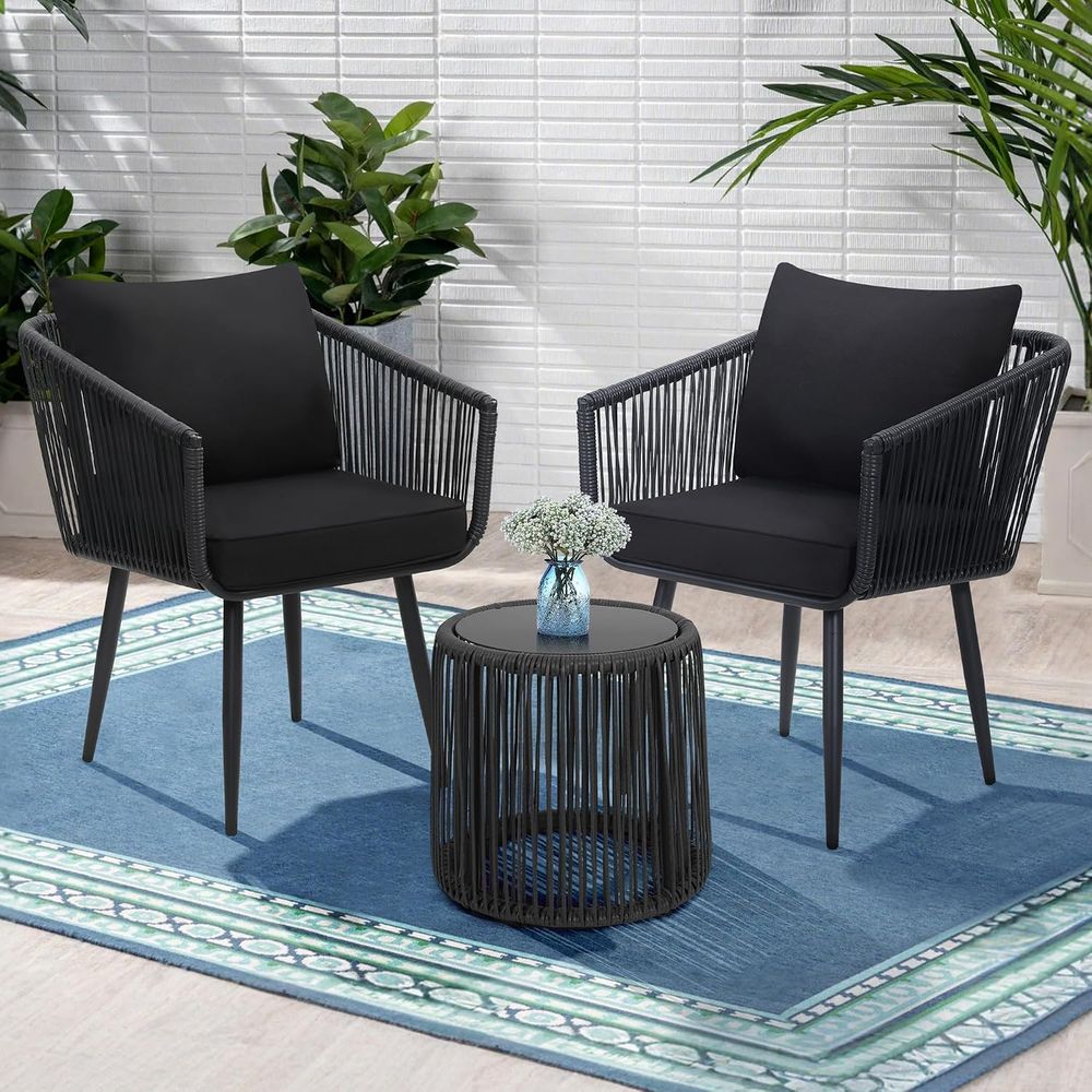 3ピースパティオラタンビストロコンティオンセット、ブラック  - Bistro Table Set のレビューと価格