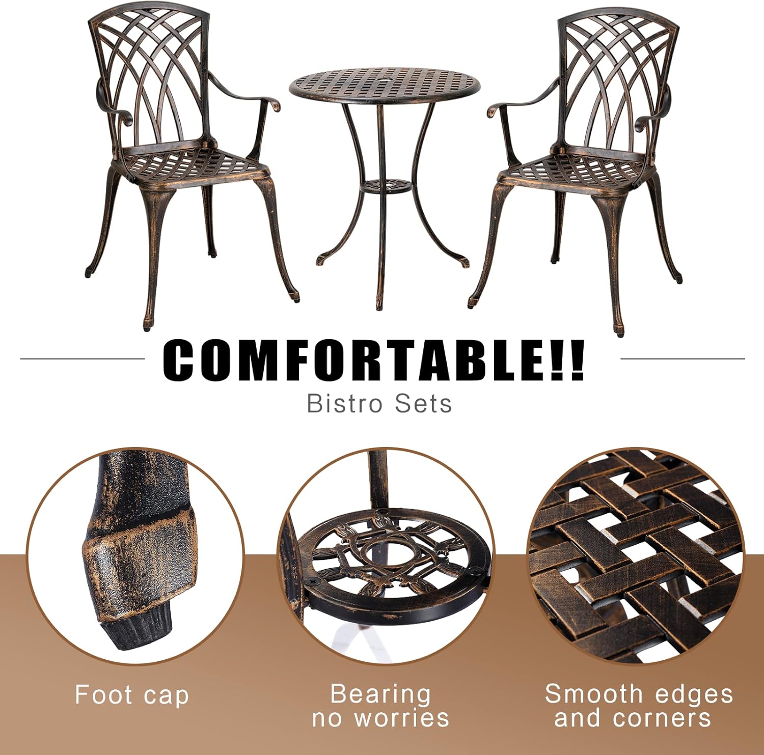 錆びにくいブロンズ色の鋳造アルミニウム製3ピース屋外ビストロ - Outdoor Furniture Patio のレビューと価格