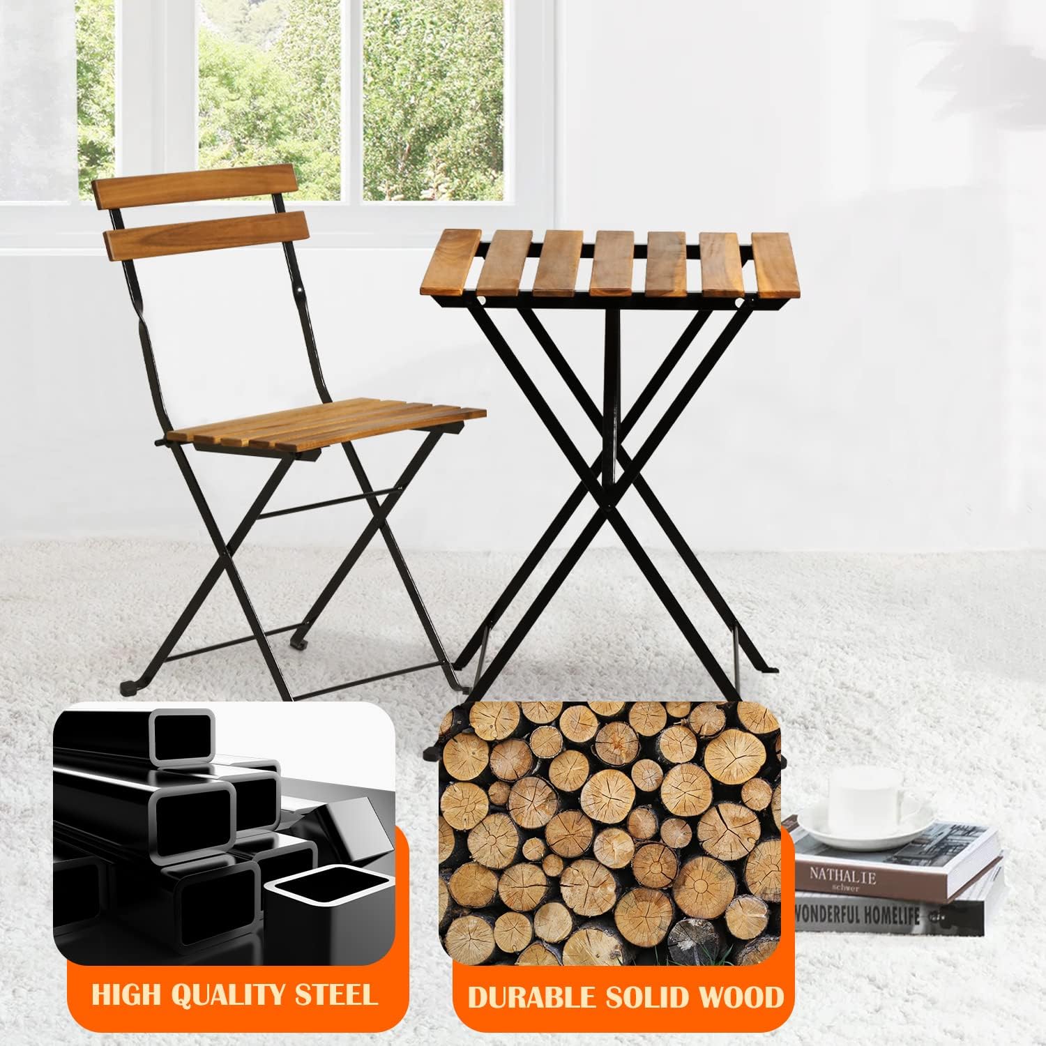 天然木製3ピース折りたたみ式パティオビストロセット（テーブル - Outdoor Furniture Patio のレビューと価格