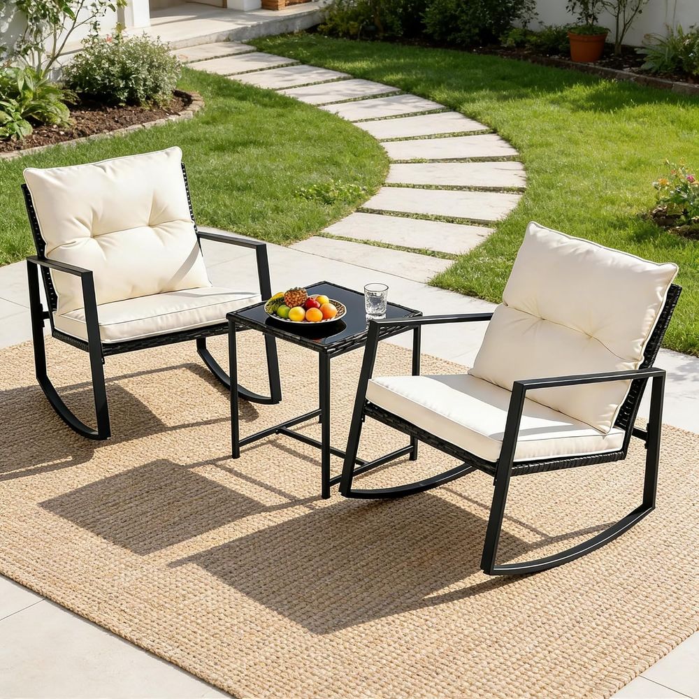 3ピースアウトドアロッキングビストロセット ブラックウィッカ - Bistro Table Set のレビューと価格