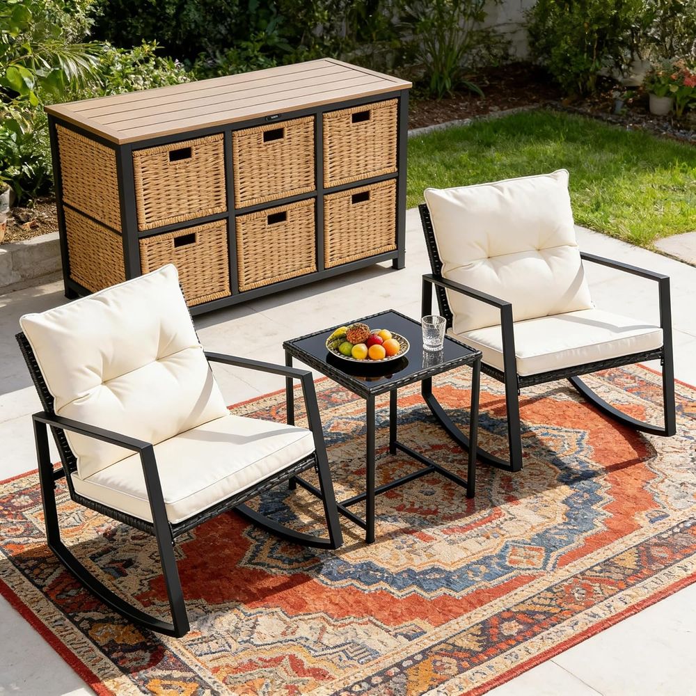 3ピースアウトドアロッキングビストロセット ブラックウィッカ - Bistro Table Set のレビューと価格