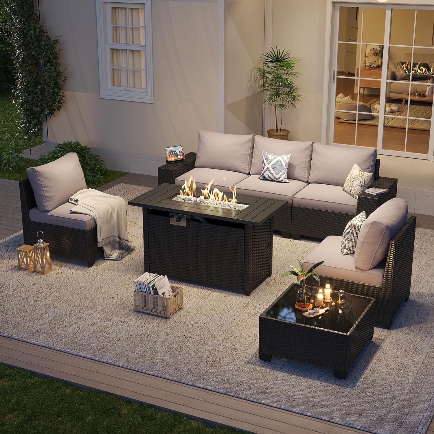 屋外パティオ家具セット、44インチファイヤーピットテーブル付 - Outdoor Furniture Fire Pit のレビューと価格