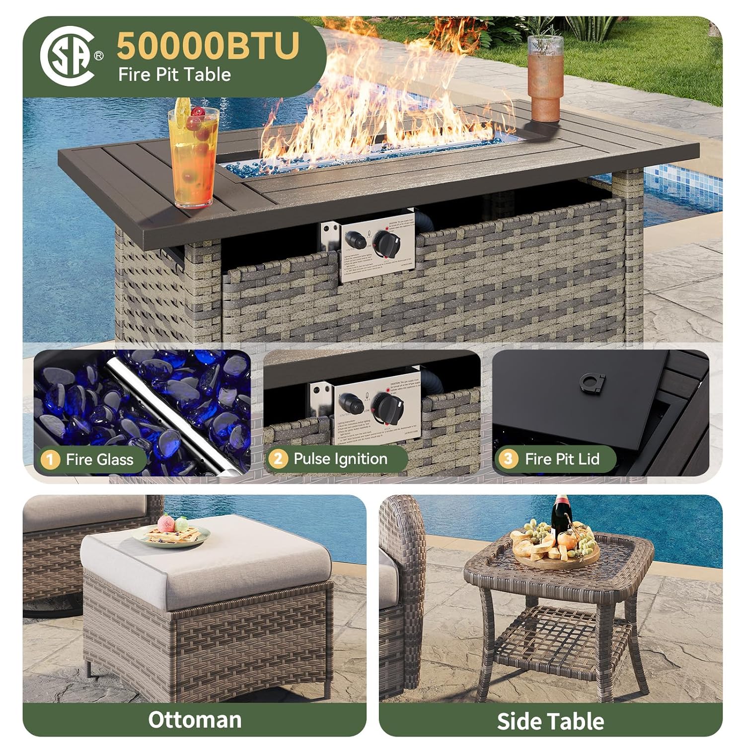 7点セットの籐製パティオセット、44インチのファイヤーピット - Outdoor Furniture Fire Pit のレビューと価格