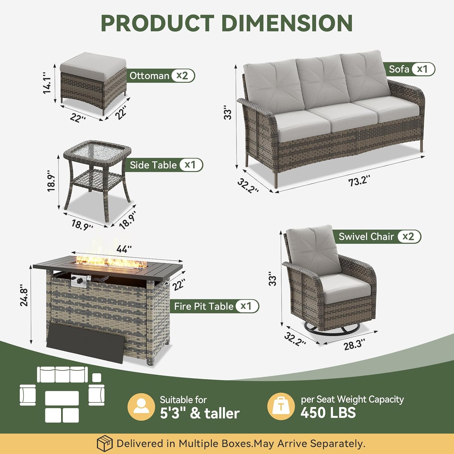 7点セットの籐製パティオセット、44インチのファイヤーピット - Outdoor Furniture Fire Pit のレビューと価格
