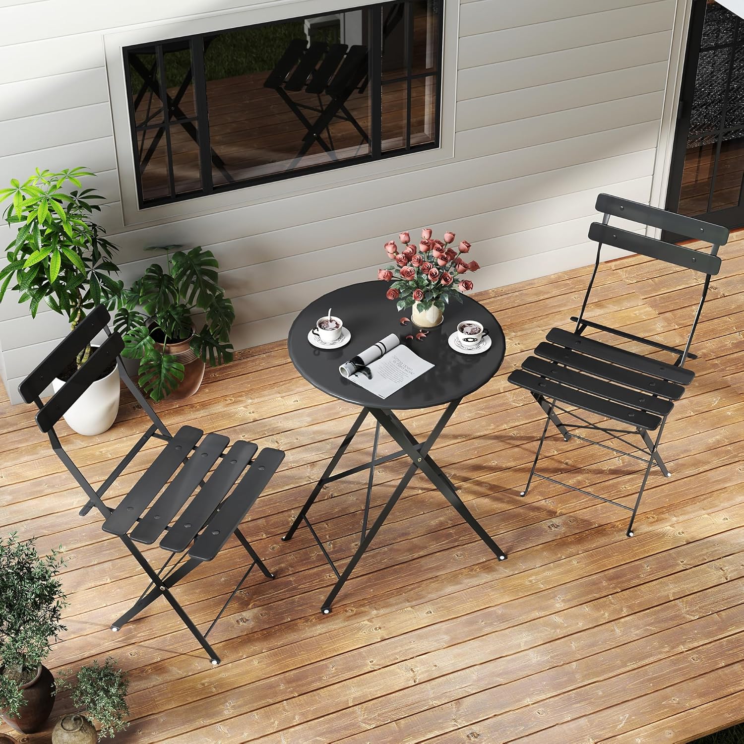 省スペースの黒色の3ピース折りたたみ式屋外ビストロセット。折 - Bistro Table Set のレビューと価格