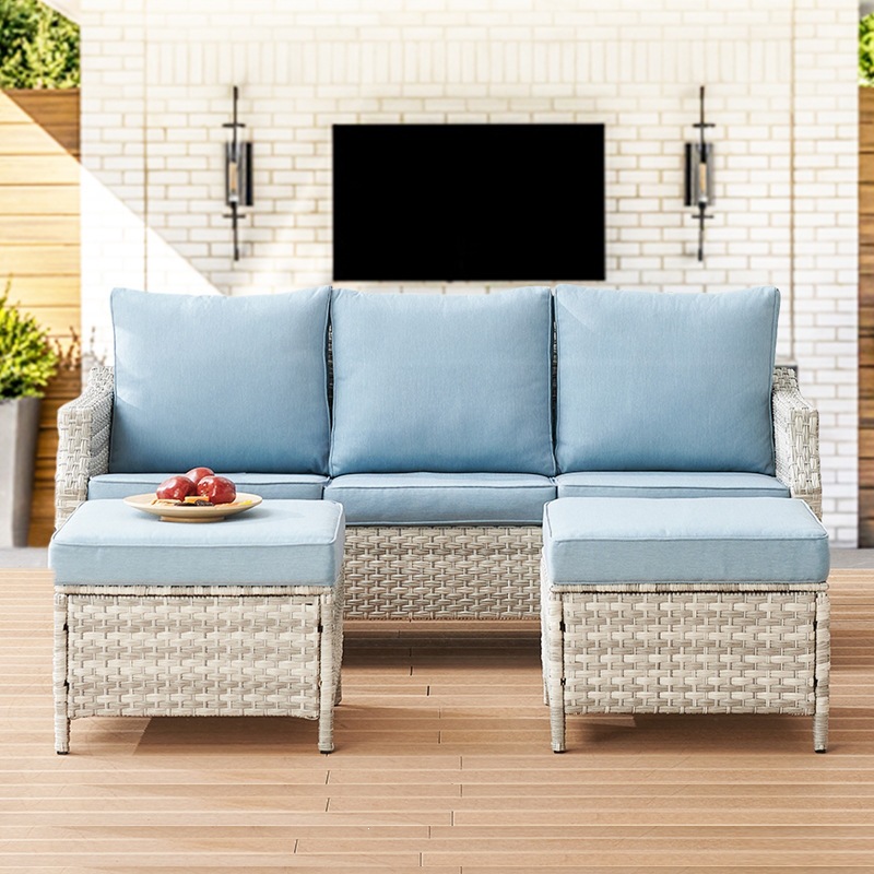 モダンなPEラタン製屋外ソファセット ブルー 3人掛け フッ - Outdoor Furniture Quick Dry のレビューと価格